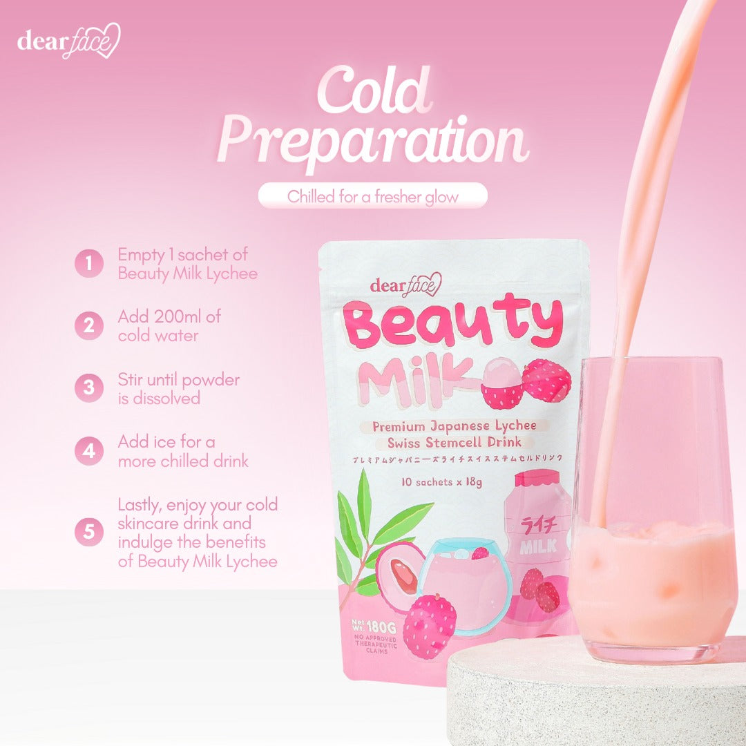 Dear Milk Beauty Milk lychee drink package with pink background and pouring milk into a glass.