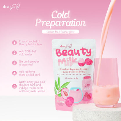 Dear Milk Beauty Milk lychee drink package with pink background and pouring milk into a glass.